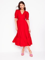 Boden Red Anna 100% Linen Tiered Midi Dress - Image 2 of 6