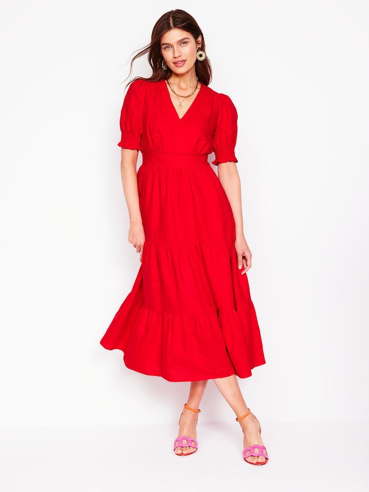Boden Red Anna 100% Linen Tiered Midi Dress - Image 2 of 6