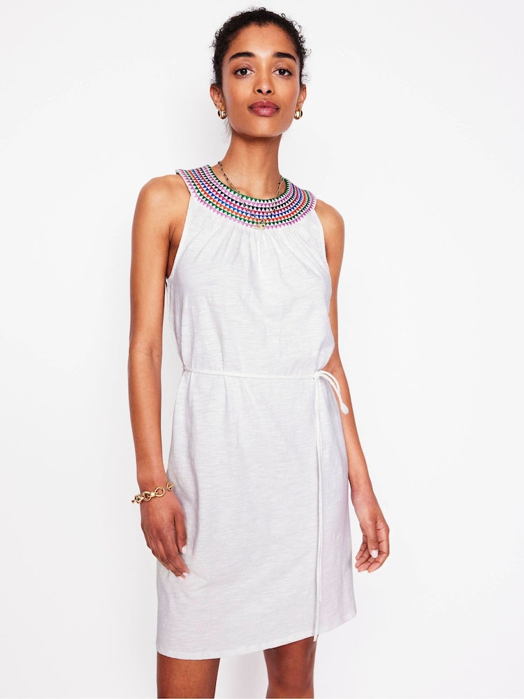 Boden White Eleni Embroidered Short 100% Cotton Dress - Image 1 of 5