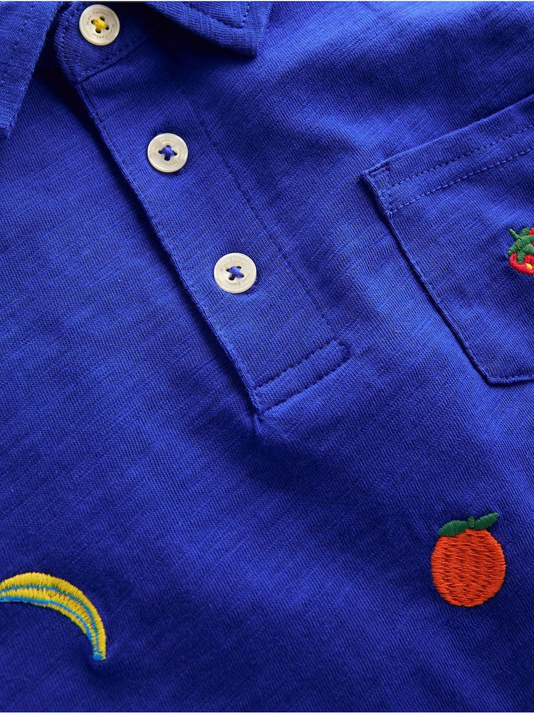 Boden Blue Embroidered Slub 100% Cotton Polo Shirt - Image 3 of 3