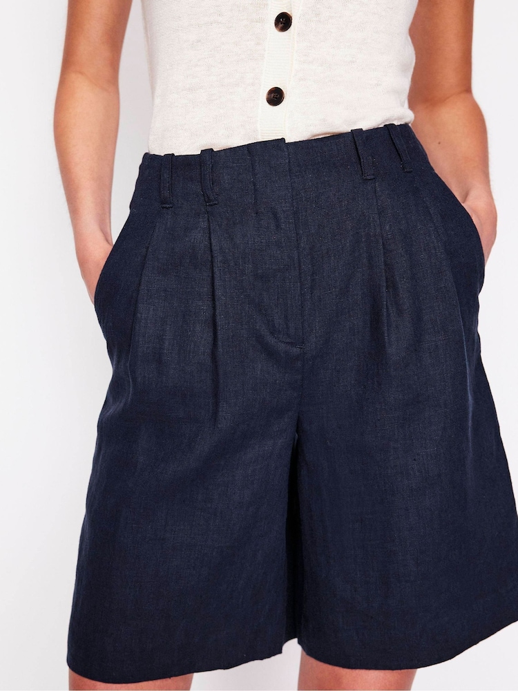 Boden Blue Pleat 100% Linen Wide Leg Shorts - Image 2 of 5
