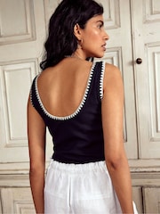 Boden Blue 100% Cotton Crochet Trim Scoop Neck Vest - Image 3 of 5