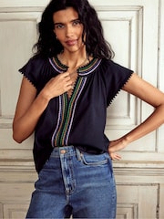 Boden Blue Pom Yoke 100% Cotton Blouses - Image 1 of 5
