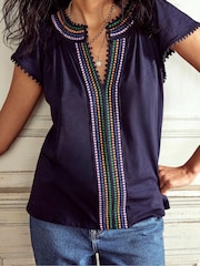 Boden Blue Pom Yoke 100% Cotton Blouses - Image 2 of 5