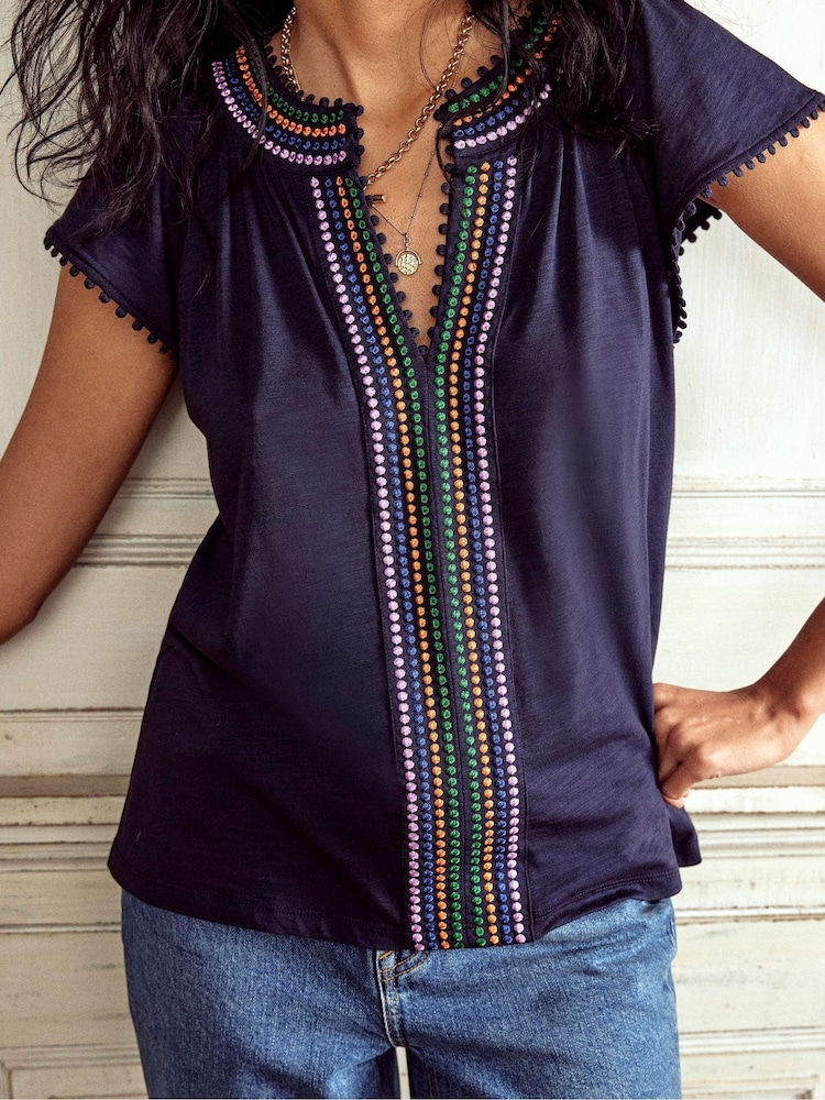 Boden Blue Pom Yoke 100% Cotton Blouses - Image 2 of 5