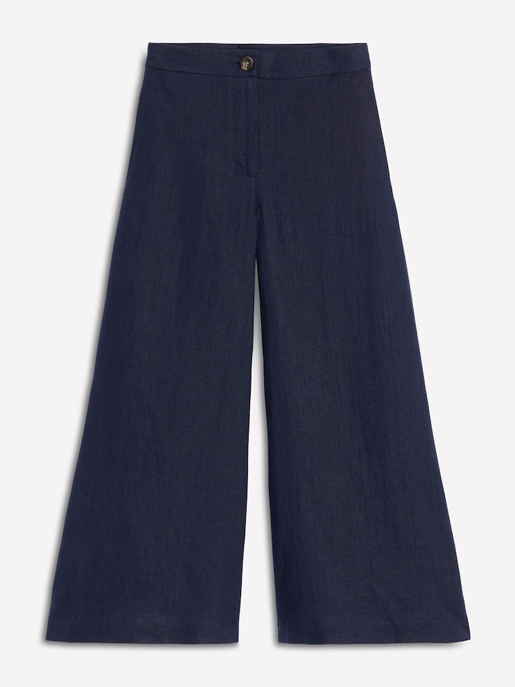 Boden Navy Blue Wide Crop Linen 100% Cotton Trousers - Image 1 of 1