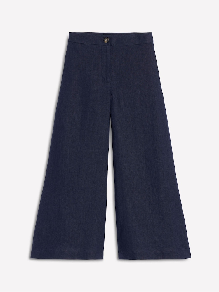 Boden Navy Blue Wide Crop Linen 100% Cotton Trousers - Image 2 of 6
