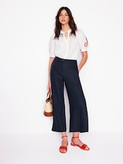 Boden Navy Blue Wide Crop Linen 100% Cotton Trousers - Image 3 of 6