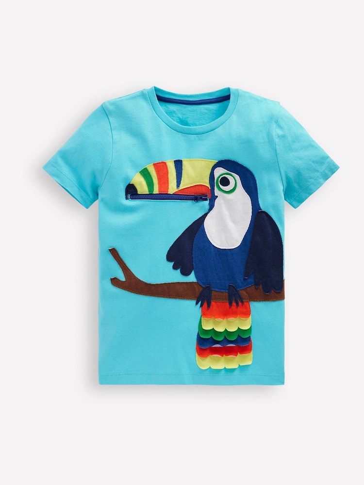 Boden Blue 100% Cotton Zip Detail Appliqué T-Shirt - Image 1 of 3