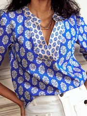 Boden Blue Cotton Notch Neck 100% Cotton Top - Image 2 of 5