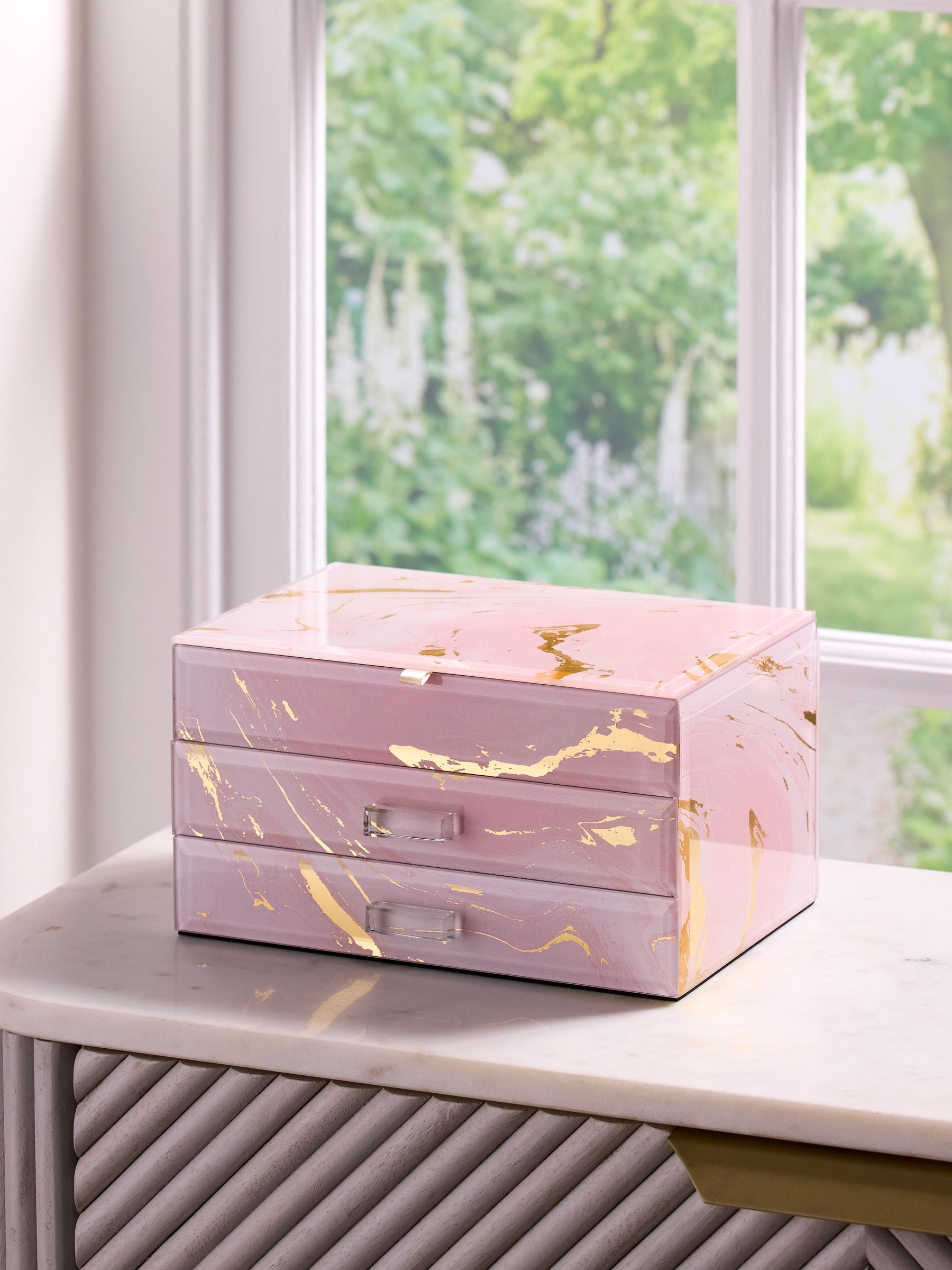 Pink Marble Effect Large Glass Jewellery Box