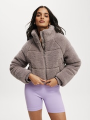 Cotton On Grey The Mother Puffer Cropped Sherpa Jacket - Image 1 of 4