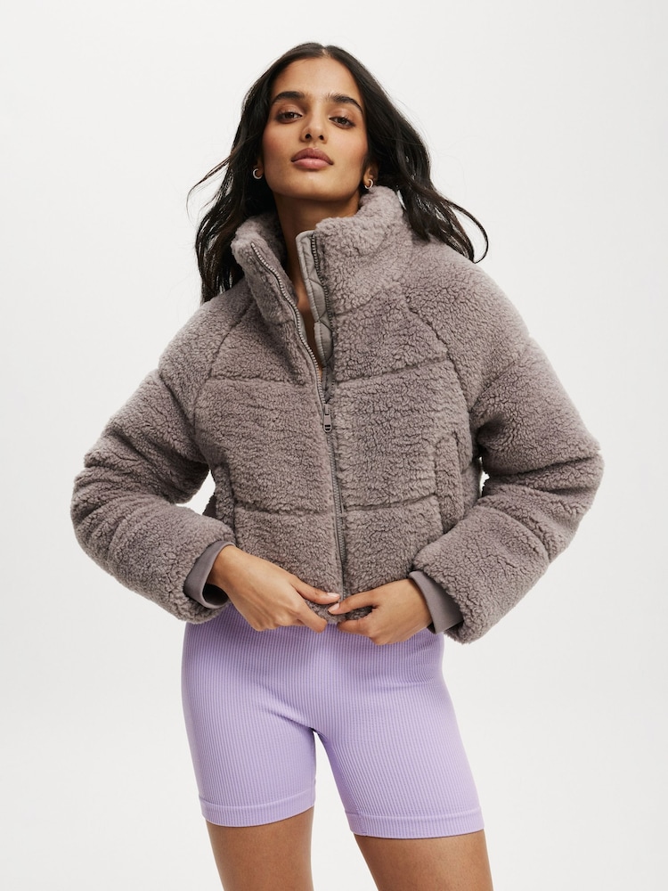 Cotton On Grey The Mother Puffer Cropped Sherpa Jacket - Image 1 of 4