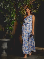 Adrianna Papell Satin Stripe Ankle Blue Dress - Image 1 of 7