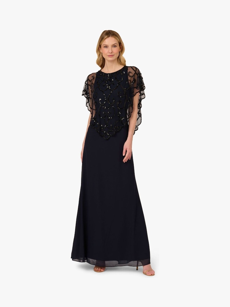 Adrianna Papell Blue Bead Chiffon Long Dress - Image 1 of 6