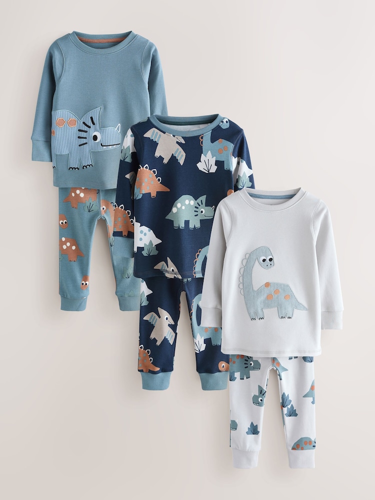 Navy/Grey Dinosaur Snuggle Pyjamas 3 Pack (9mths-8yrs) - Image 1 of 7