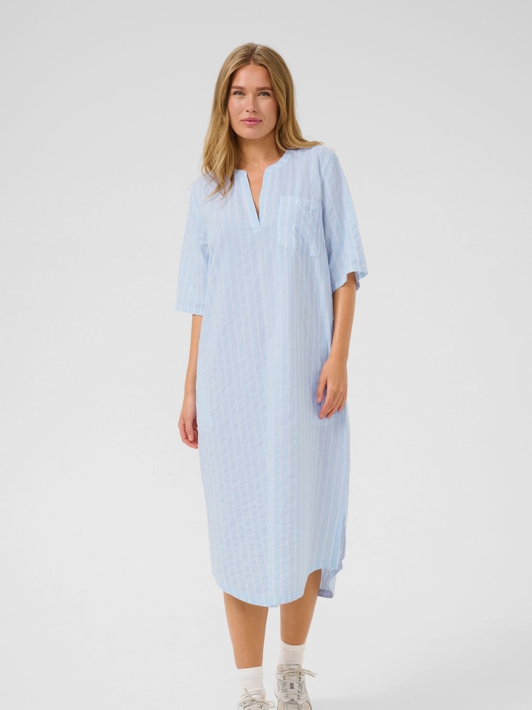 Kaffe Blue 100% Cotton KAsara Short Sleeve Kaftan Midi Dress - Image 1 of 5 Kaffe Blue 100% Cotton KAsara Short Sleeve Kaftan Midi Dress - Image 1 of 5