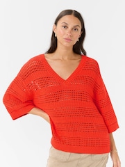 Kaffe Red KAteresa V-Neck 3/4 Sleeve Knit Pullover Jumper - Image 1 of 5