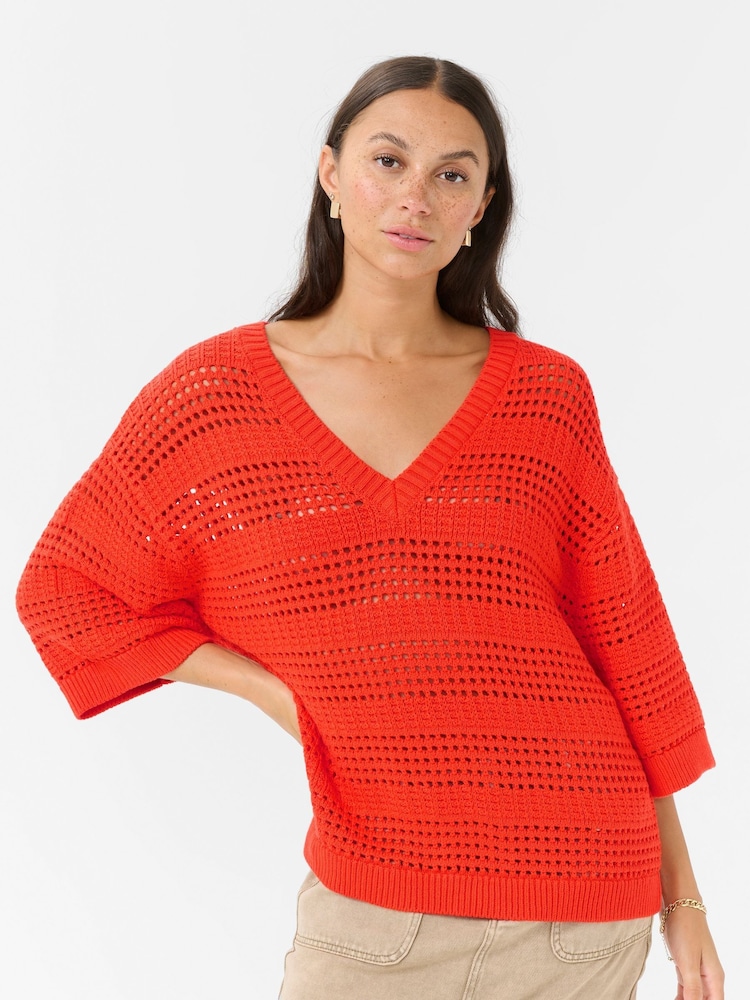Kaffe Red KAteresa V-Neck 3/4 Sleeve Knit Pullover Jumper - Image 1 of 5