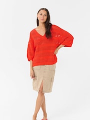 Kaffe Red KAteresa V-Neck 3/4 Sleeve Knit Pullover Jumper - Image 2 of 5