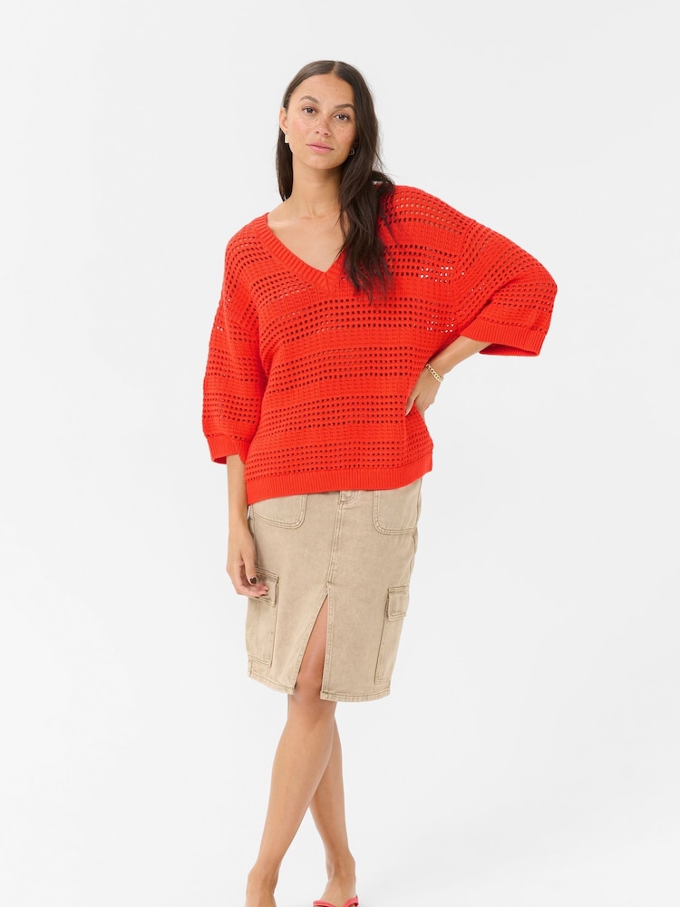 Kaffe Red KAteresa V-Neck 3/4 Sleeve Knit Pullover Jumper - Image 2 of 5