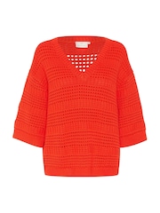 Kaffe Red KAteresa V-Neck 3/4 Sleeve Knit Pullover Jumper - Image 4 of 5