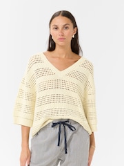 Kaffe Cream KAteresa V-Neck 3/4 Sleeve Pullover Jumper - Image 1 of 6
