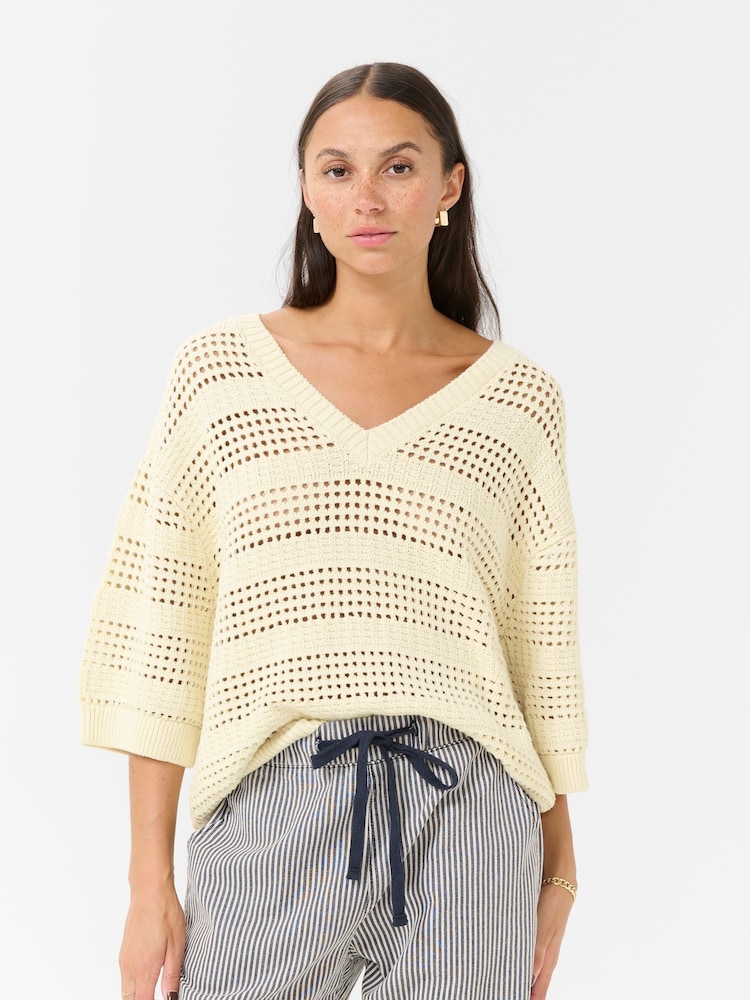 Kaffe Cream KAteresa V-Neck 3/4 Sleeve Pullover Jumper - Image 1 of 6