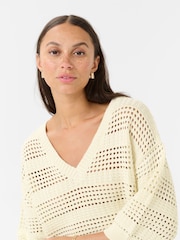 Kaffe Cream KAteresa V-Neck 3/4 Sleeve Pullover Jumper - Image 4 of 6