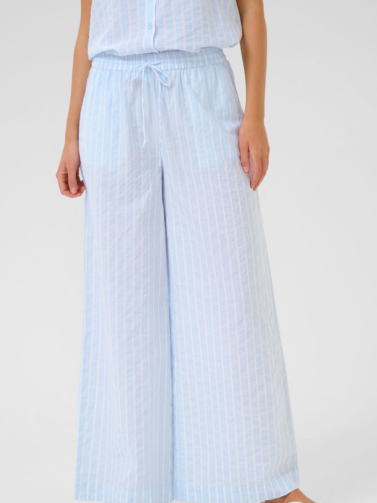 Kaffe Blue KAsara Wide Leg Striped 100% Cotton Trousers - Image 1 of 6 Kaffe Blue KAsara Wide Leg Striped 100% Cotton Trousers - Image 1 of 6