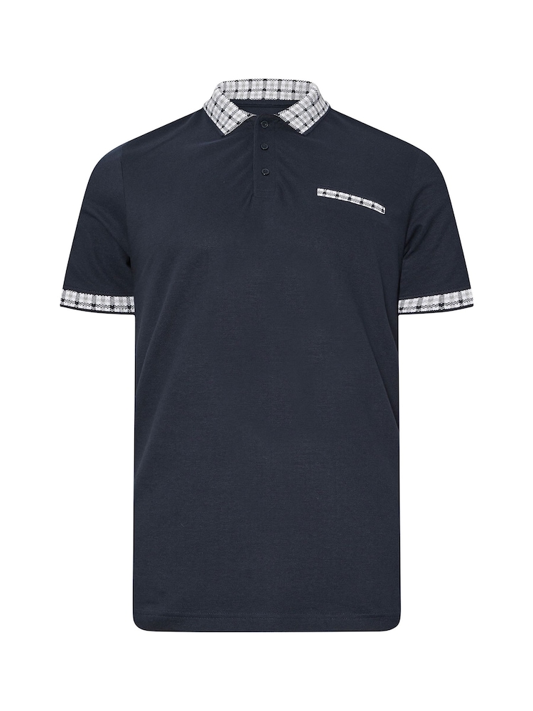 BadRhino Big & Tall Blue Jacquard Checked Collar 100% Cotton Polo Shirt - Image 1 of 2