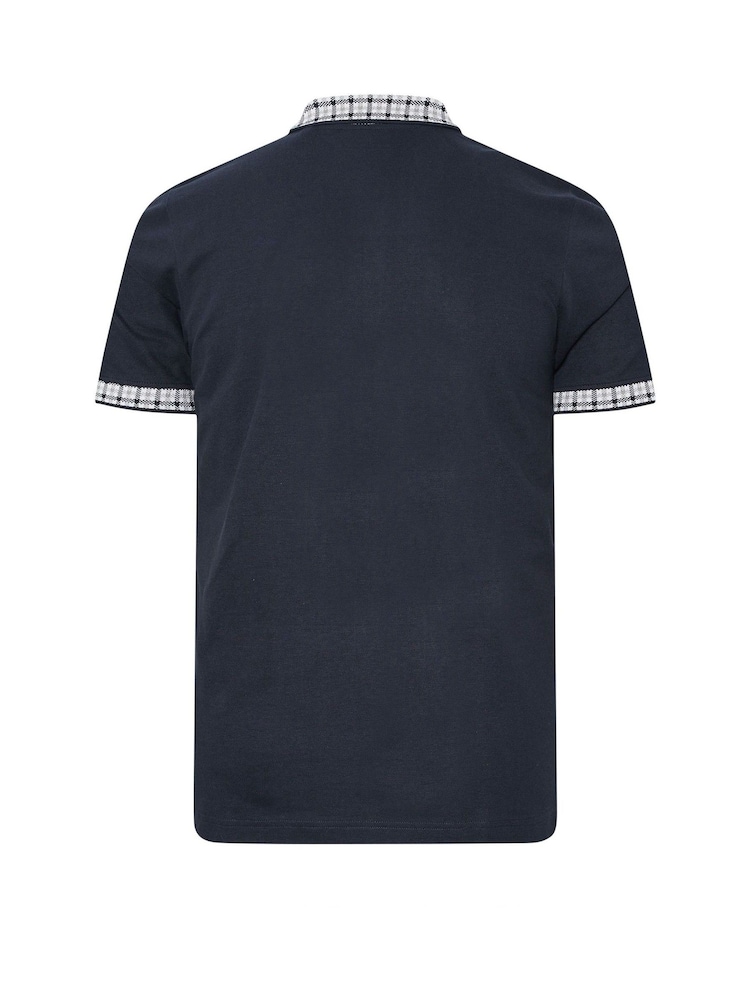 BadRhino Big & Tall Blue Jacquard Checked Collar 100% Cotton Polo Shirt - Image 6 of 6