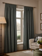 Teal Blue Brushed Herringbone Pencil Pleat Blackout Thermal Curtains - Image 1 of 5