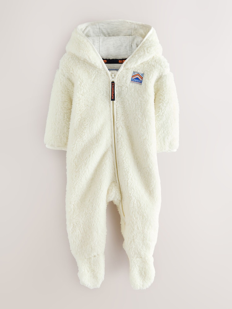 Superdry White Teddy Fleece Pramsuit - Image 1 of 6