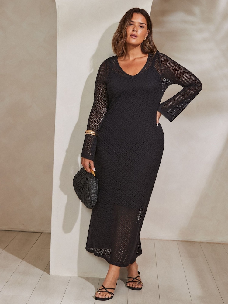 Live Unlimited Black Curve Crochet Bell Sleeve Midaxi Dress - Image 2 of 7
