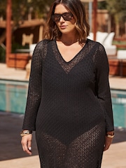 Live Unlimited Black Curve Crochet Bell Sleeve Midaxi Dress - Image 6 of 7
