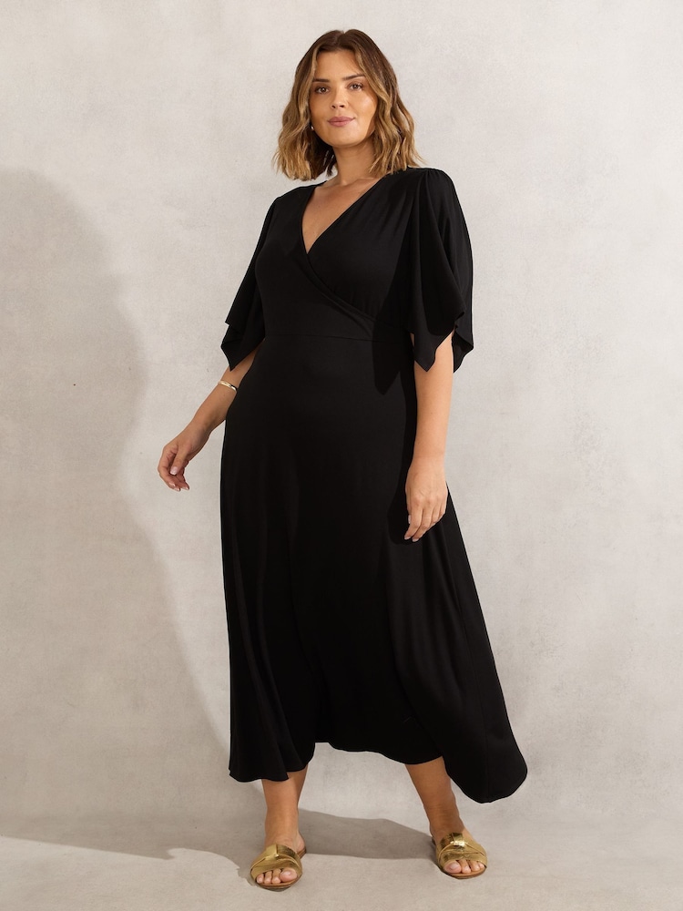 Live Unlimited Black Curve Jersey Angel Sleeve Wrap Dress - Image 1 of 4