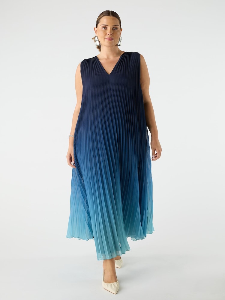 Live Unlimited Blue Curve Pleated V-Neck Dress - Image 1 of 4