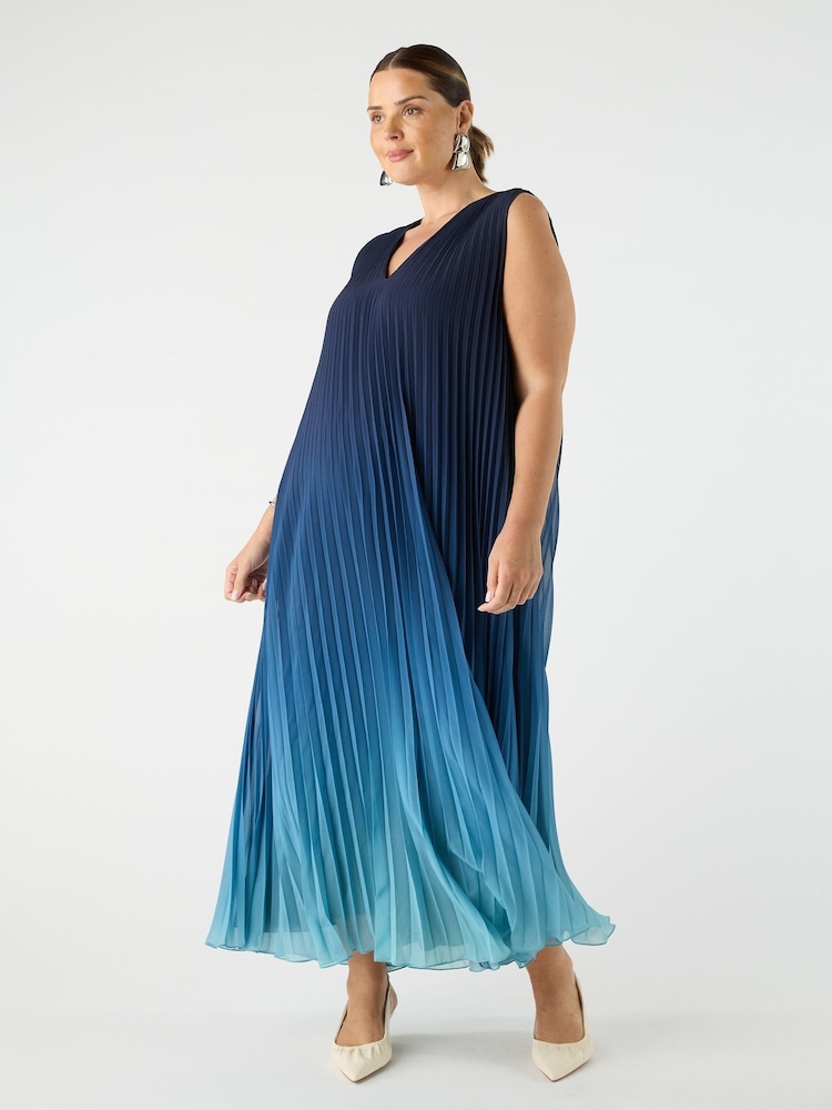 Live Unlimited Blue Curve Pleated V-Neck Dress - Image 2 of 4