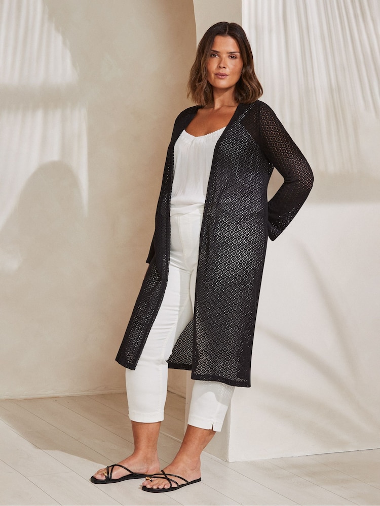 Live Unlimited Black Curve Longline Crochet Knit Cardigan - Image 2 of 4