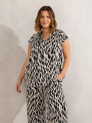 Live Unlimited Black Curve Mono Print Short Sleeve Tie Neck Blouse - Image 1 of 3