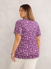 Purple - Live Unlimited Curve Leaf Print Jersey Pleat Front Flutter Sleeve Top - Image 2 of 3