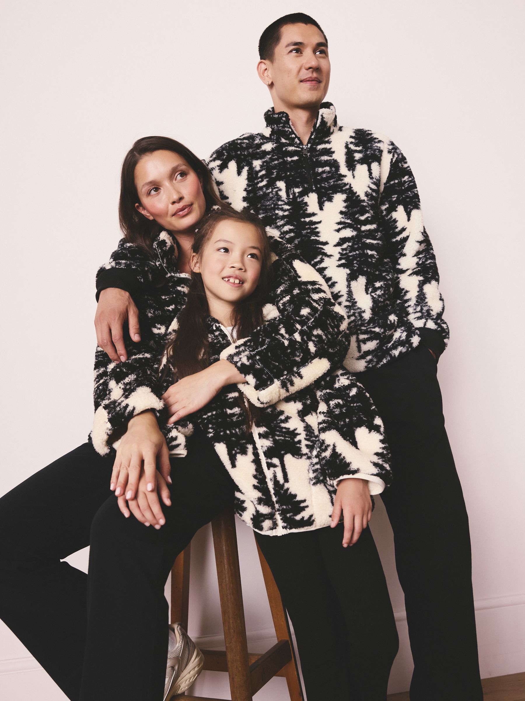 Buy Black/Cream Tree Print Matching Family Hooded Zip Borg Fleece