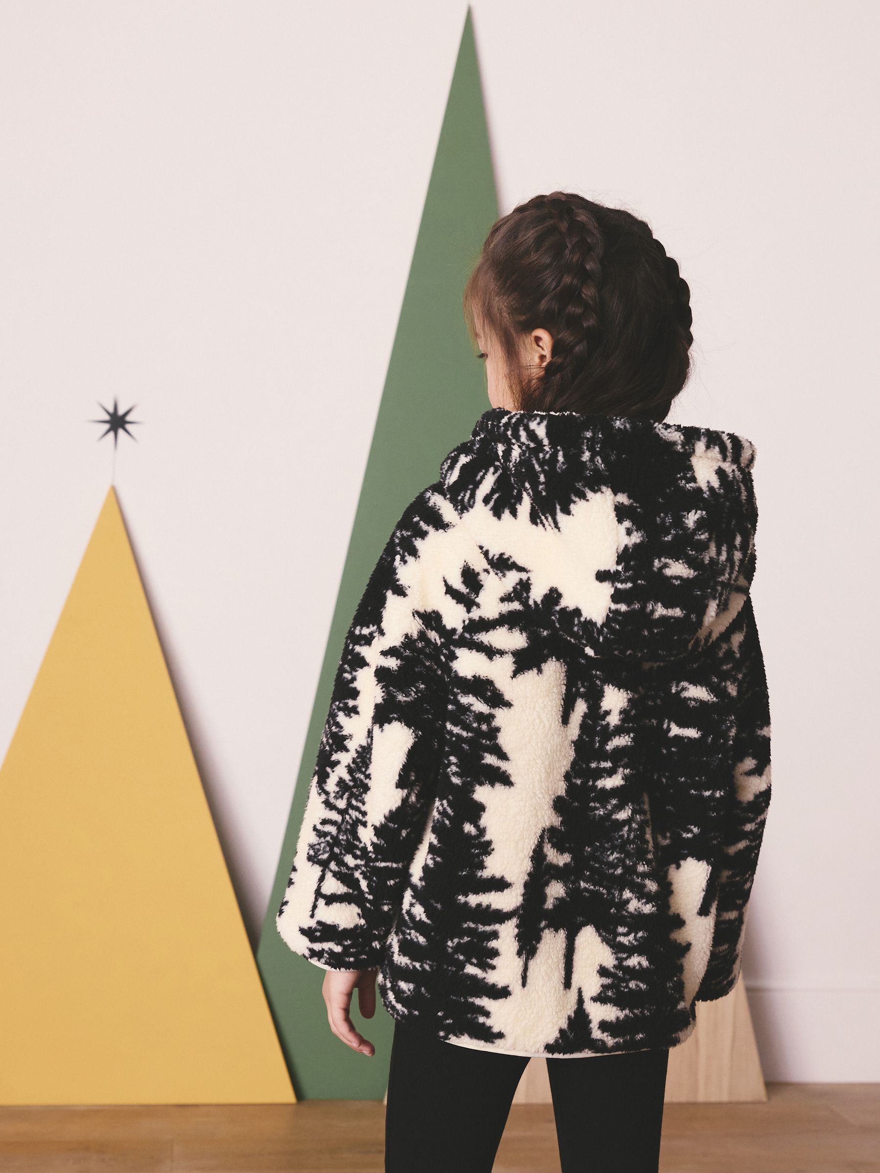 Buy Black/Cream Tree Print Matching Family Hooded Zip Borg Fleece