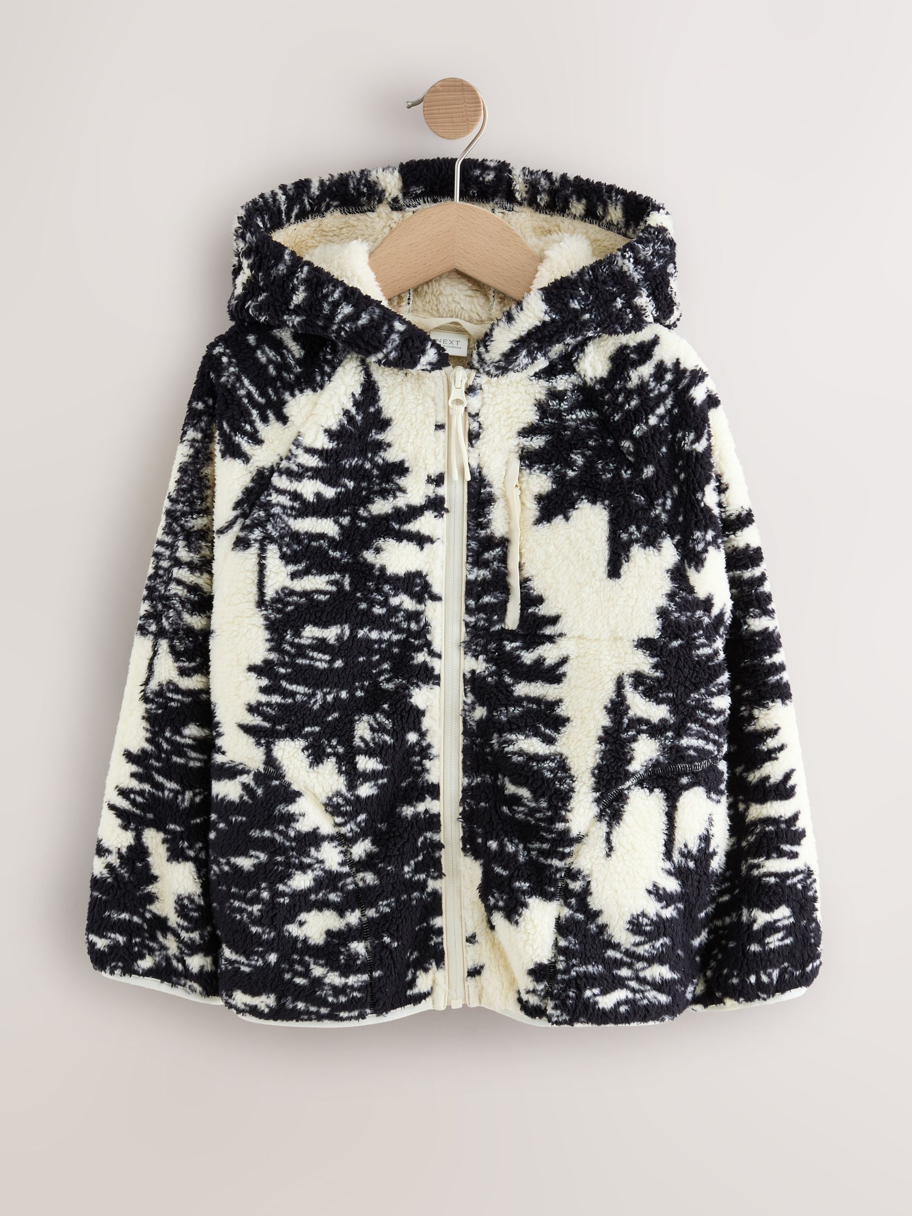 Buy Black/Cream Tree Print Matching Family Hooded Zip Borg Fleece