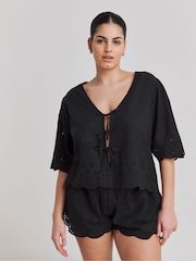Simply Be Black Broderie Tie Front Beach Cover ups - Image 1 of 6