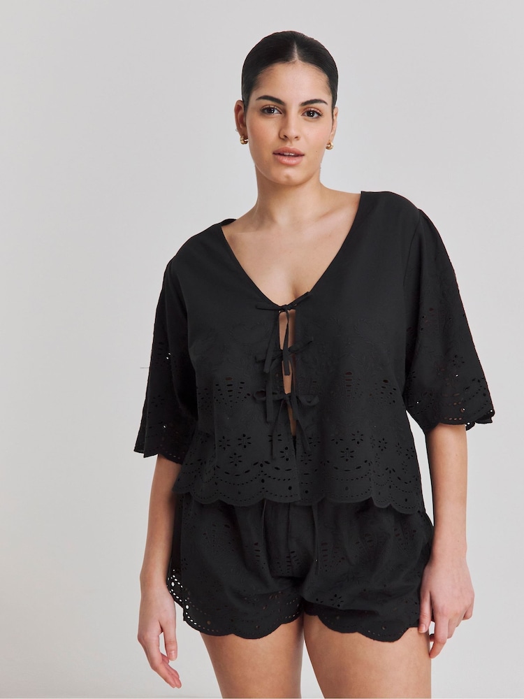 Simply Be Black Broderie Tie Front Beach Cover ups - Image 1 of 6