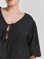Simply Be Black Broderie Tie Front Beach Cover ups - Image 3 of 6