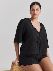 Simply Be Black Broderie Tie Front Beach Cover ups - Image 4 of 6