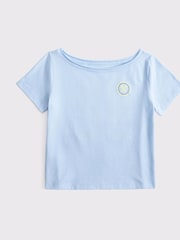 Abercrombie & Fitch Blue Off The Shoulder Graphic Print T-Shirt - Image 1 of 2